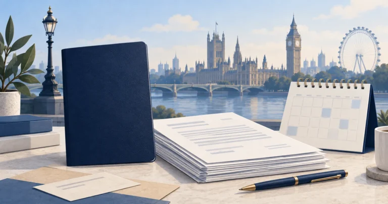 Passport booklet and supporting documents with a London skyline